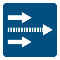 white icon of 3 arrows, with one racing ahead on a blue rectangle