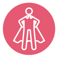 white icon of a superhero on a light pink circle