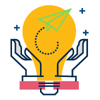 icon of hands holding a lightbulb and a paper airplane taking flight