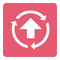 white icon of an arrow pointing upwards surrounded by a circle of continuous arrows on a light pink rectangle