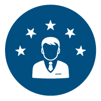 white icon of a man in a suit with an arc of stars around his head on a blue circle