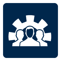 white icon of 3 people in front of a cog on a navy rectangle