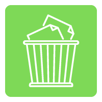 white icon of a bin filled with paper on a lime green rectangle