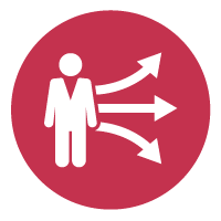 white icon of a stick figure with arrows pointing in different directions on a dark pink circle