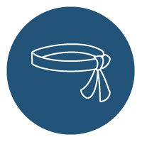White line icon of a six sigma belt on a dark blue circular background